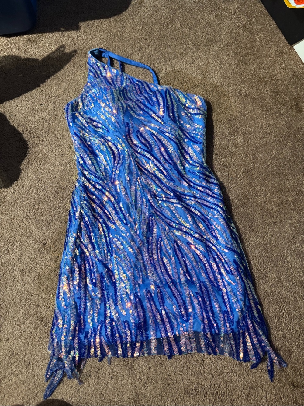 Blue Sequin One-Shoulder Homecoming Dress